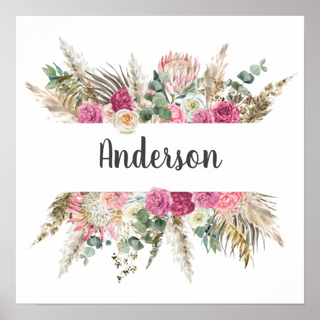 Póster Floral, Flowers Monogram Last Name Wedding Gift  (Frente)