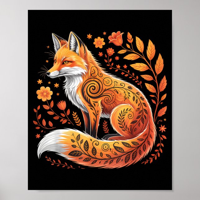 Póster Floral Fox Flowers Art Fox In Autumn - Fall Fox  (Frente)