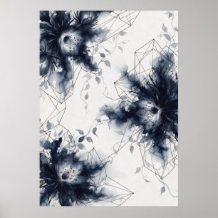 Póster floral geométrico de peonía azul marino