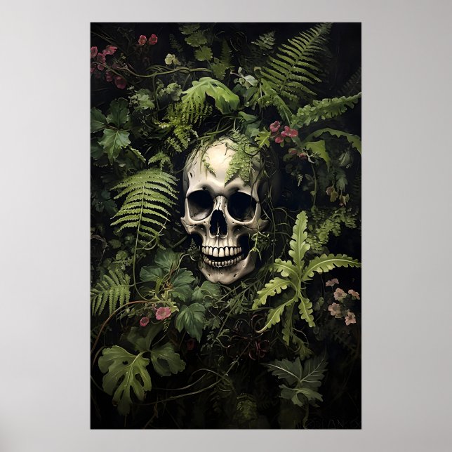 Póster Floral Green Fern Skull Portrait Print, Dark (Frente)