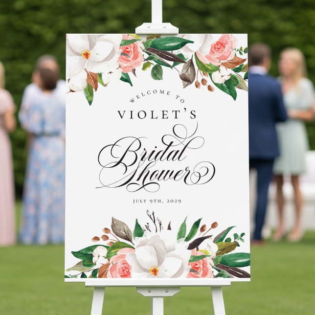 Póster Floral Green White Pink Bridal Shower Welcome Sign (Subido por el creador)
