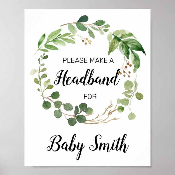 Póster Floral Greenery Baby Shower Headband Station Rótul Zazzle.es