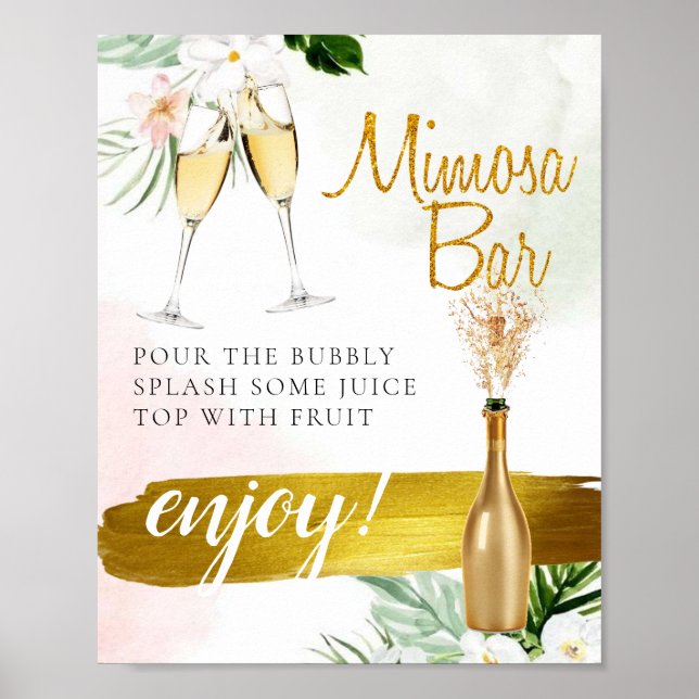 Póster Floral Greenery Gold Bridal Brunch Mimosa Bar Rótu (Frente)