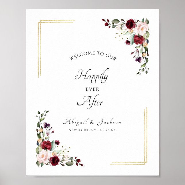 Póster Floral Happily Ever After Wedding Reception Sign (Frente)
