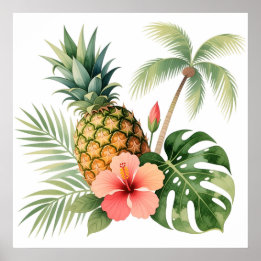 Póster Floral Hawaii Pineapple & Hibiscus Summer Name