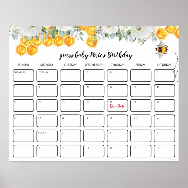 Póster Floral Honeycomb | Baby Shower Birthday Guessing (Frente)