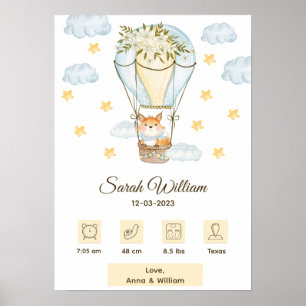 Póster Floral Hot Air Balloon Baby Fox Birth Stats 
