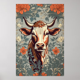 Póster Floral inspirada por William Morris, Vintage Cow