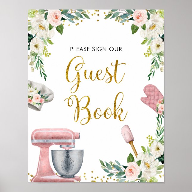 Póster Floral Kitchen Bridal Shower Guest Book (Frente)