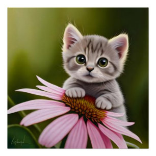 Póster Floral lindo gato gris