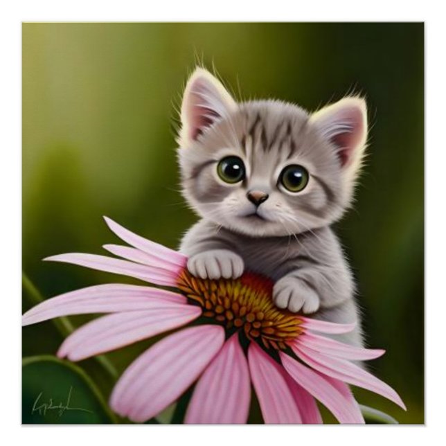 Póster Floral lindo gato gris (Anverso)