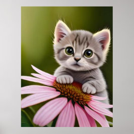 Póster Floral lindo gato gris