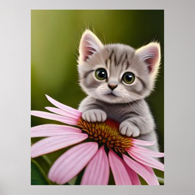 Póster Floral lindo gato gris (Frente)