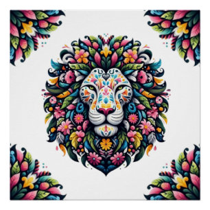 Póster Floral Lion Silhouette