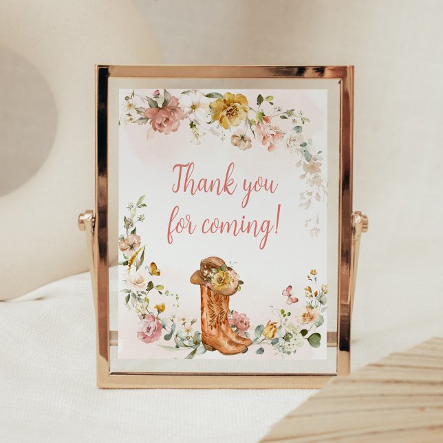 Póster Floral Little Cowgirl Gracias por venir (Cowgirl Wild West Baby Shower Thank you for Coming Sign)