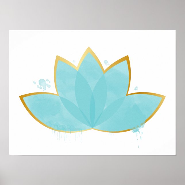Póster Floral Lotus acuarela Seafoam Blue & Faux Gold (Frente)