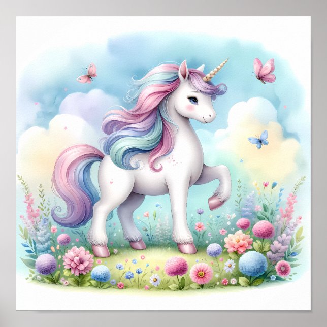 Póster Floral mágica kawaii unicornio (Frente)