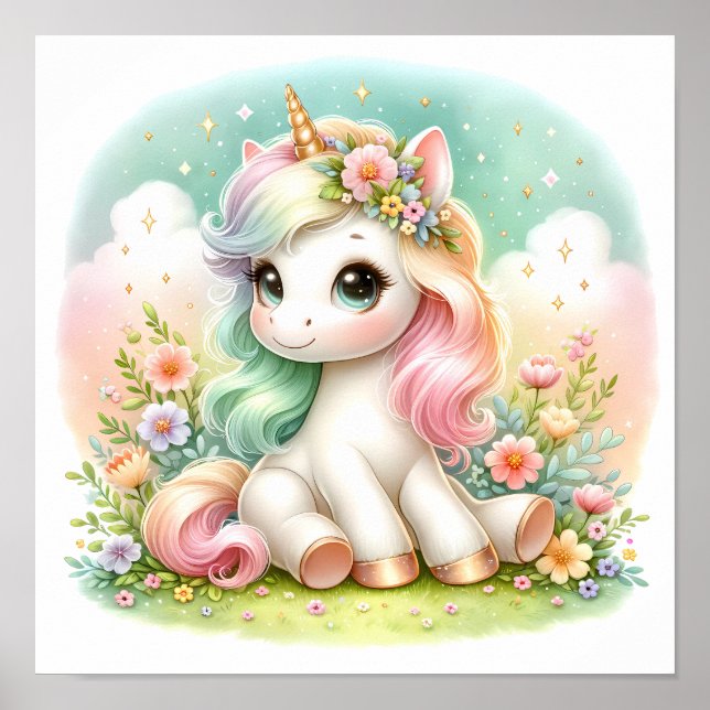 Póster Floral mágica kawaii unicornio (Frente)