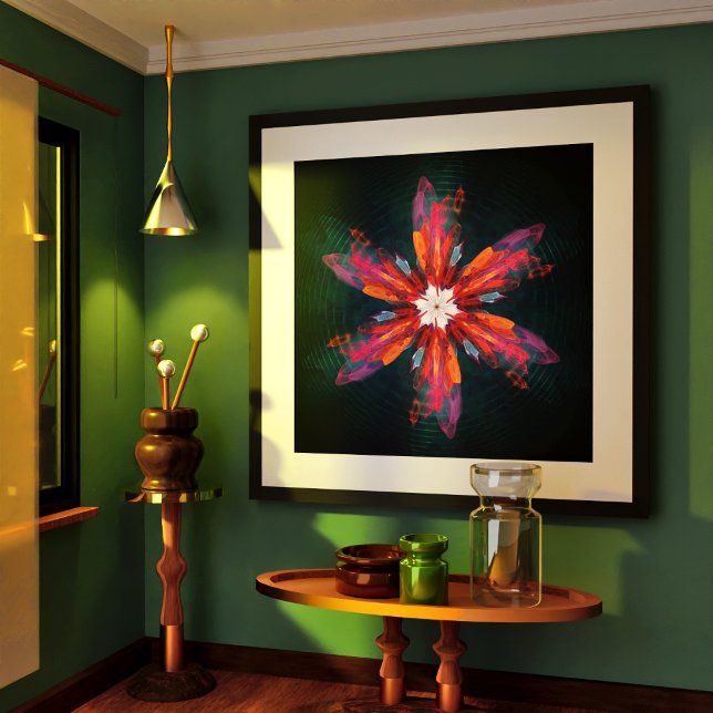 Póster Floral Mandala Flores Naranja Azul Rojo Resumen (Floral Mandala Flowers Orange Red Blue Abstract Poster)