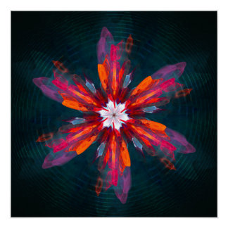 Póster Floral Mandala Flores Naranja Azul Rojo Resumen