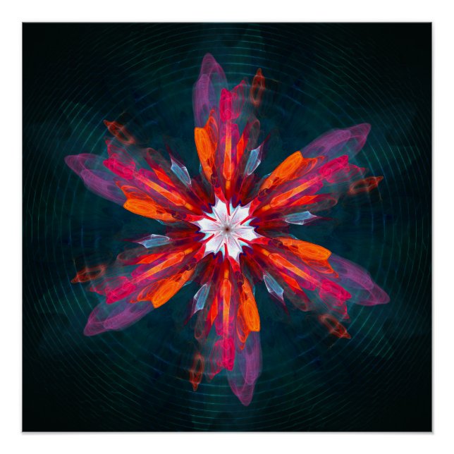 Póster Floral Mandala Flores Naranja Azul Rojo Resumen (Anverso)