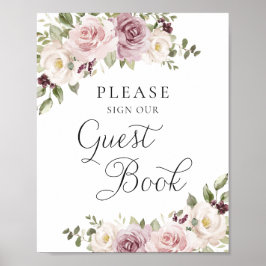 Póster Floral Mauve Rubor Elegant Wedding Guest Book