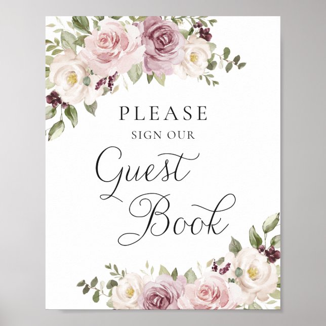 Póster Floral Mauve Rubor Elegant Wedding Guest Book (Frente)