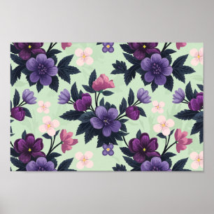 Póster Floral morada y rosa sobre fondo verde claro