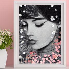 Póster Floral Mujer Fantasía rosa botánica Pop Art