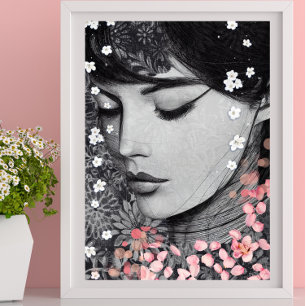 Póster Floral Mujer Fantasía rosa botánica Pop Art