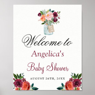 Póster Floral Naranja de Borgoña Mason Jar Rótulo Baby Sh