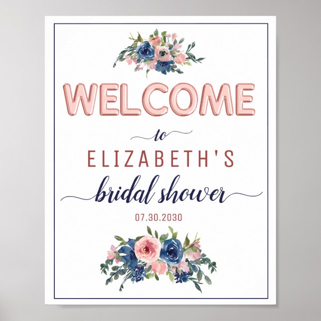 Póster Floral Navy Blush Rose Gold Bridal Shower Welcome (Frente)