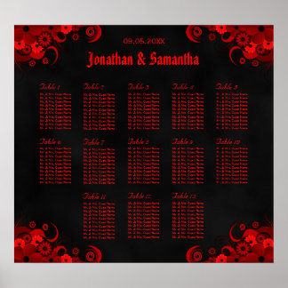 Póster Floral negra y roja 13 mesas Bodas