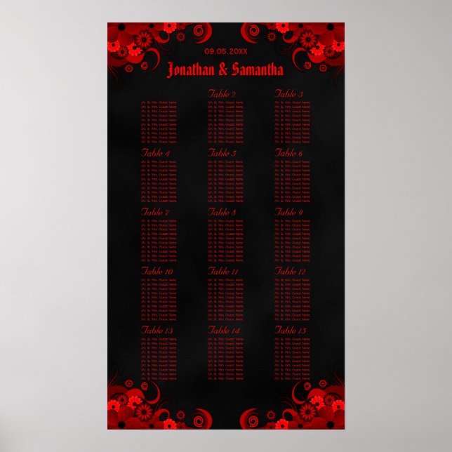Póster Floral negra y roja 15 mesas Bodas (Frente)