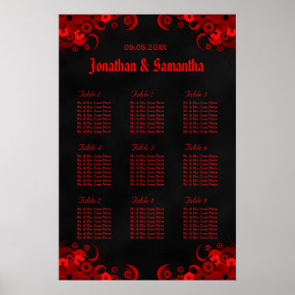 Póster Floral negra y roja 9 mesas de Boda