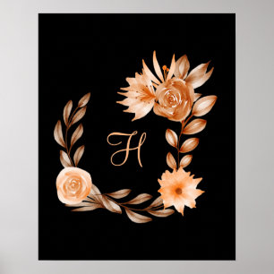 Póster Floral Negro Marrón y Melocotón con Monograma 