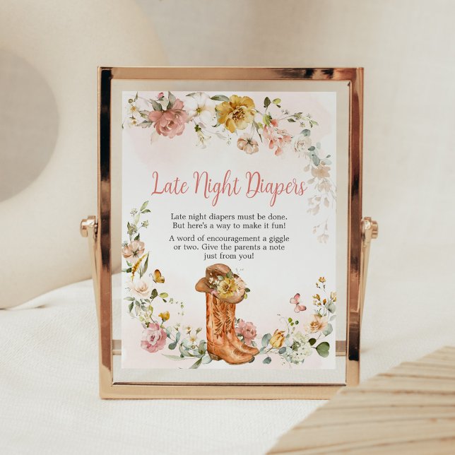 Póster Floral Niñita Bebé Tarde Noche (Cowgirl Wild West Baby Shower Late Night Diapers Sign)