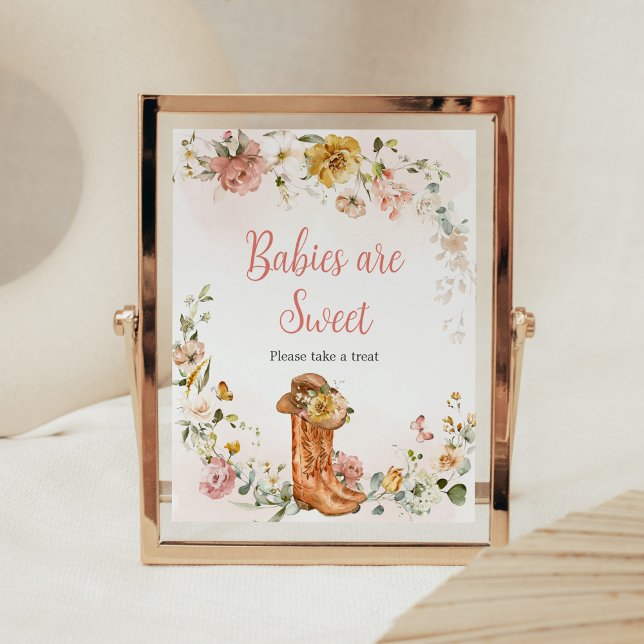 Póster Floral Niñita de vaca Baby Shower Los bebés son du (Cowgirl Wild West Baby Shower Babies are Sweet Sign)