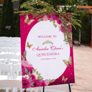 Póster Floral Oro rosa Tiara Mariposa Quinceañera