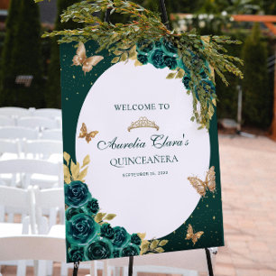 Póster Floral Oro Verde Tiara Mariposa Quinceañera