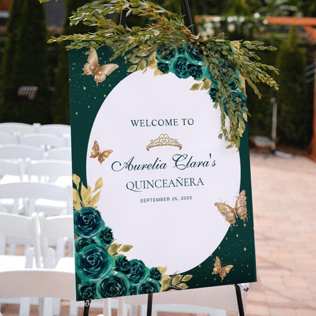 Póster Floral Oro Verde Tiara Mariposa Quinceañera (Subido por el creador)