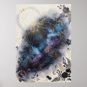 Póster floral oscuro de la polilla del zodíaco cel