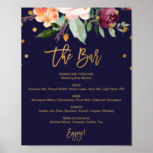 Póster Floral otoñal El Rótulo del menú del Boda del bar (Frente)
