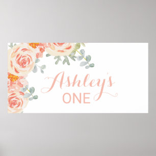 Póster Floral Peach Pink Baby's 1st Birthday Banner Sign