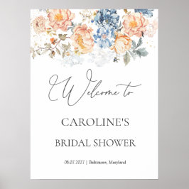 Póster Floral Peach Rubor Blue Bridal Shower