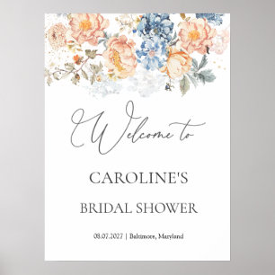Póster Floral Peach Rubor Blue Bridal Shower