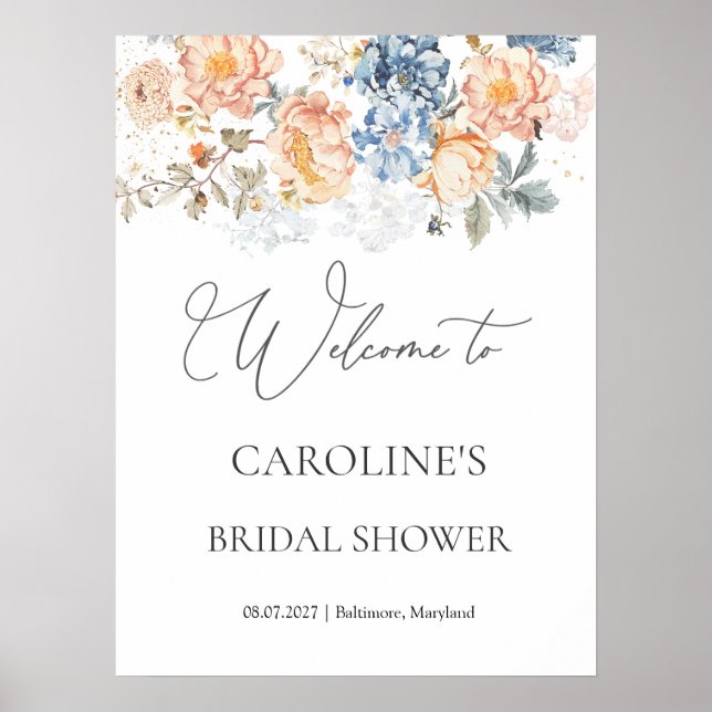 Póster Floral Peach Rubor Blue Bridal Shower (Frente)