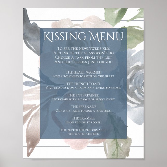 Póster Floral Polvoriento | Menú de Besos Pastel Azul Ahu (Frente)