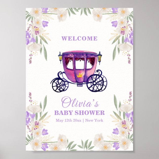 Póster Floral Princess Carriage Girl Baby Shower Welcome  (Frente)