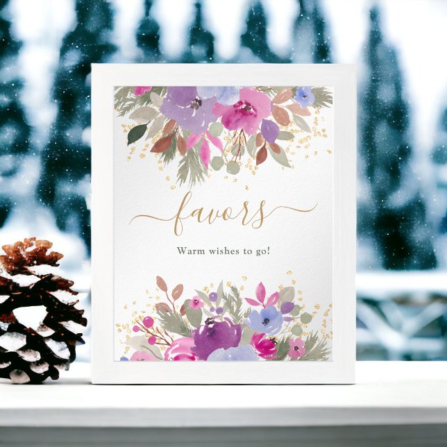 Póster Floral Purple Gold Winter favorece la ducha de nov (Floral Purple Gold Winter favors bridal shower Poster)